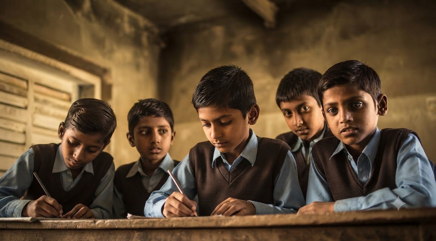 Boys writing in a classroom at a Sahara learning centre