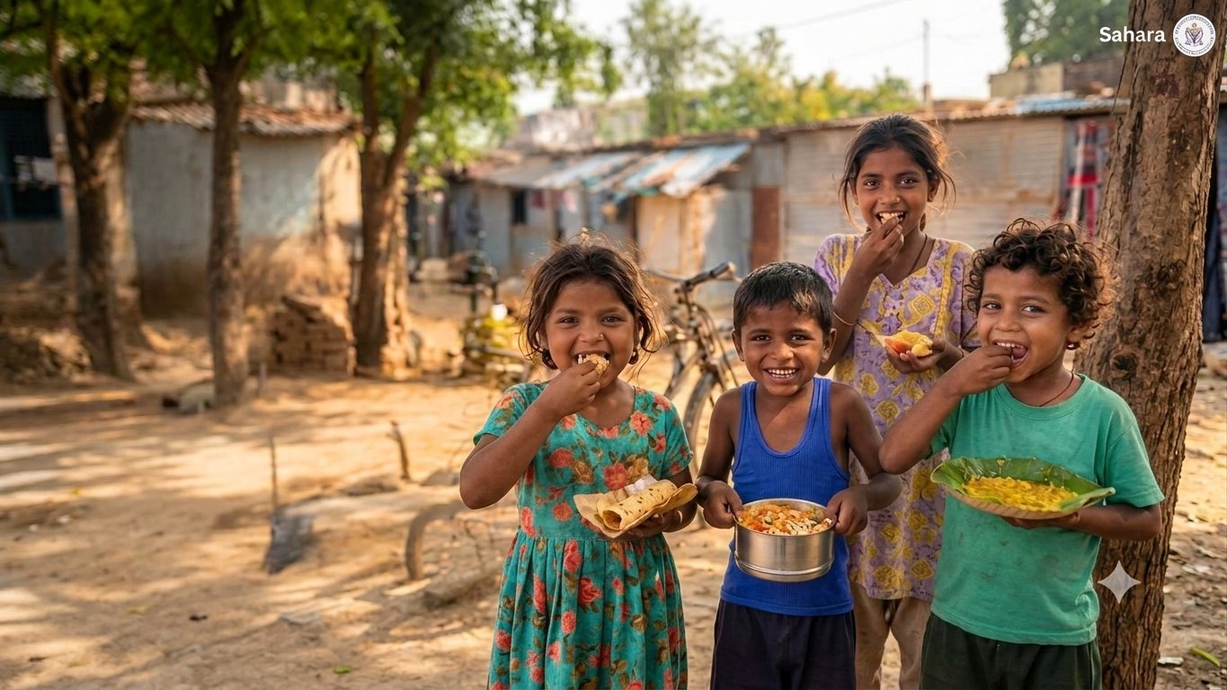 Children enjoying a hot meal served by Sahara volunteers
