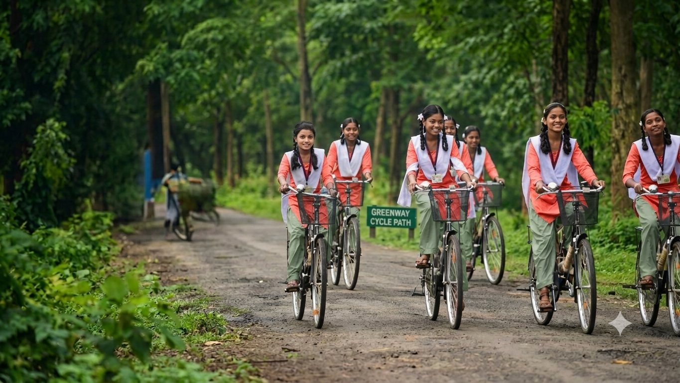 Girls cycling to school along a forest road