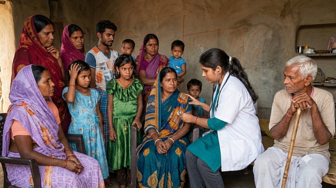 A doctor examining a patient at a village health camp
